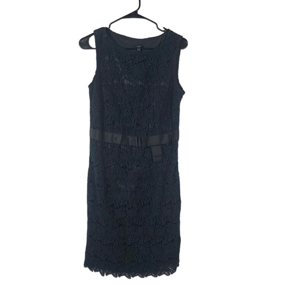 Talbots Lace Sheath Dress Womens 6 Black Floral Eyelet Belted Cocktail NWT